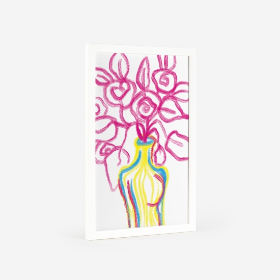 Poster de um vaso com flores em tons vibrantes de amarelo, rosa e azul. 5